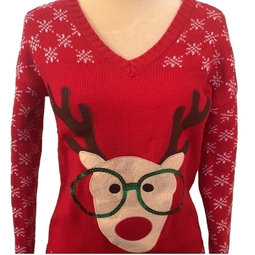 Tiara International Reindeer w/ Sequin Glasses Christmas Knit Red Sweater - Picture 3 of 9